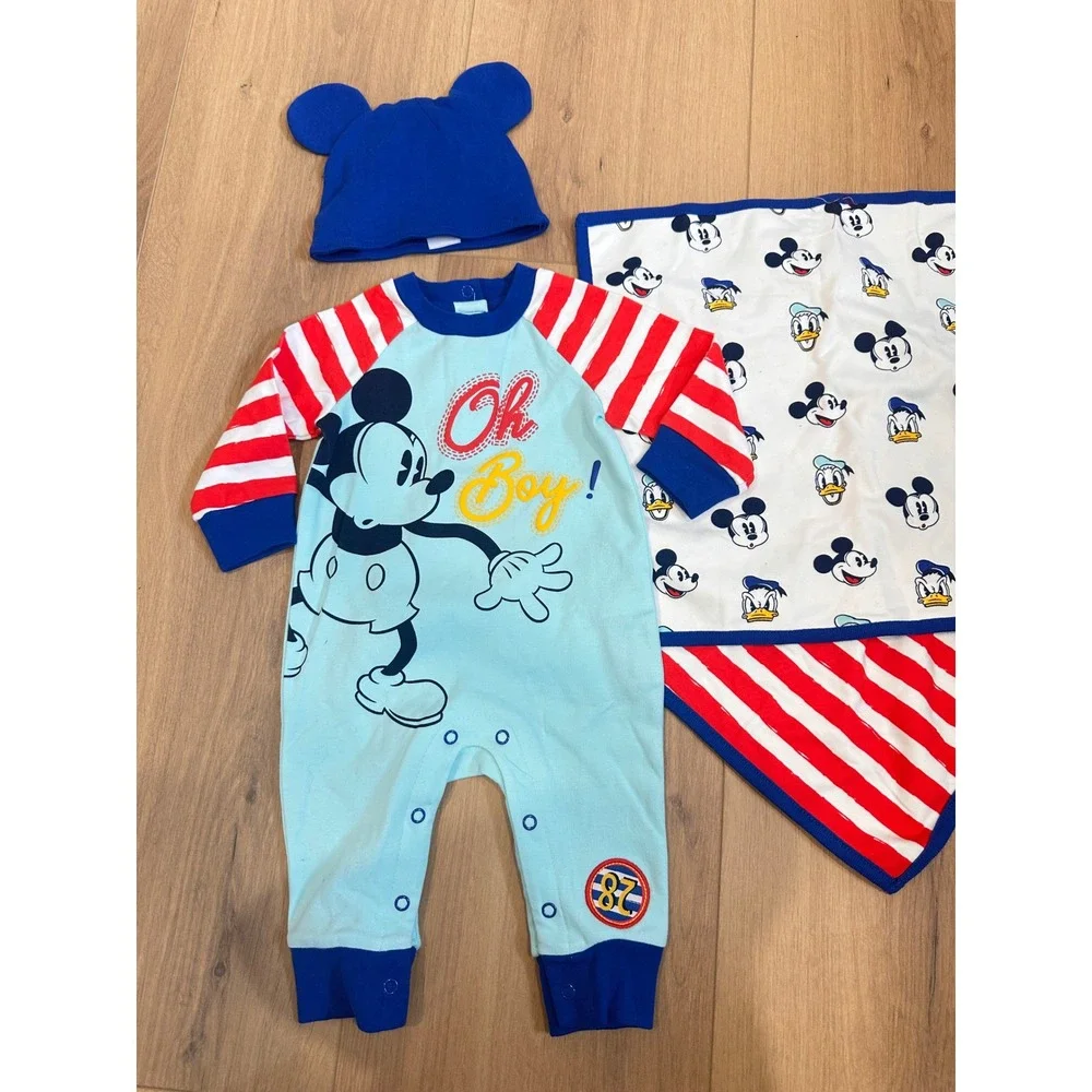 Disney Baby Boy Mickey Mouse Romper Hat and burp cloth Set 3-6 Months Blue Red